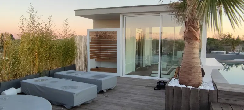 Sauna et bambous au premier plan, spa et piscine à l'arrière