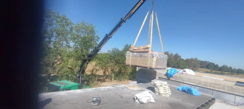 Spa suspendu à la grue au-dessus d'un terrain boisé