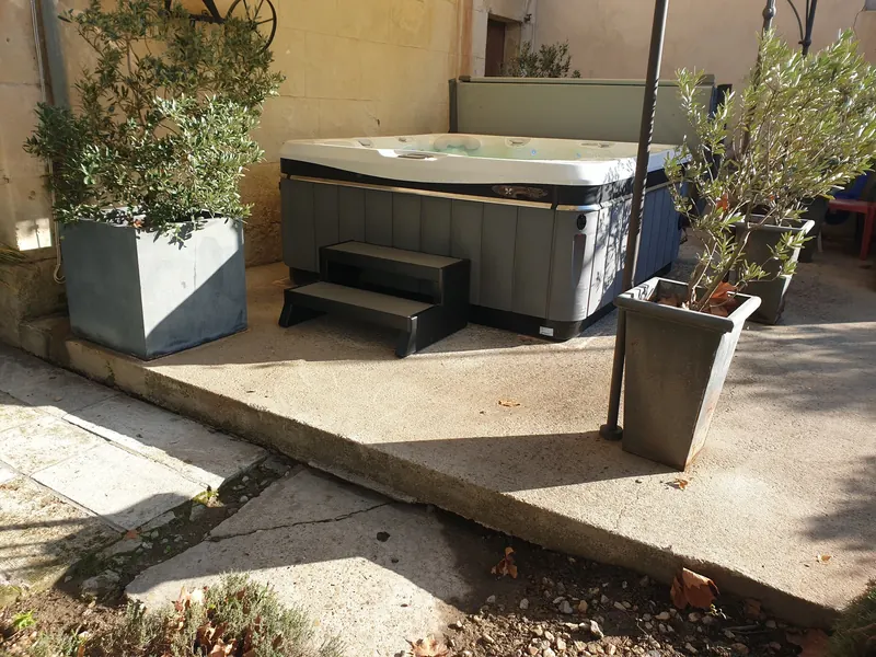 Spa gris et marchepied sur une terrasse en béton sous la pergola, entre des oliviers en pot