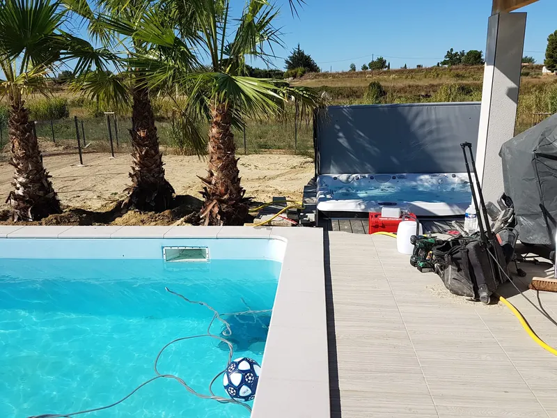 Spa en eau au fond de la terrasse, à côté de la piscine et des palmiers, à Mèze
