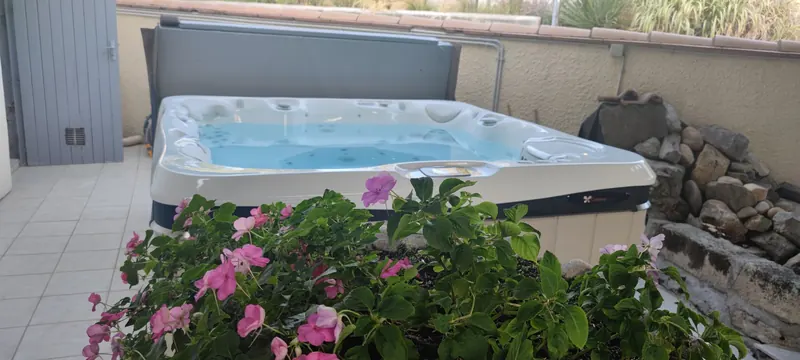 Gros plan sur le spa rempli d'eau turquoise, fleurs roses devant, jardin à l'arrière-plan