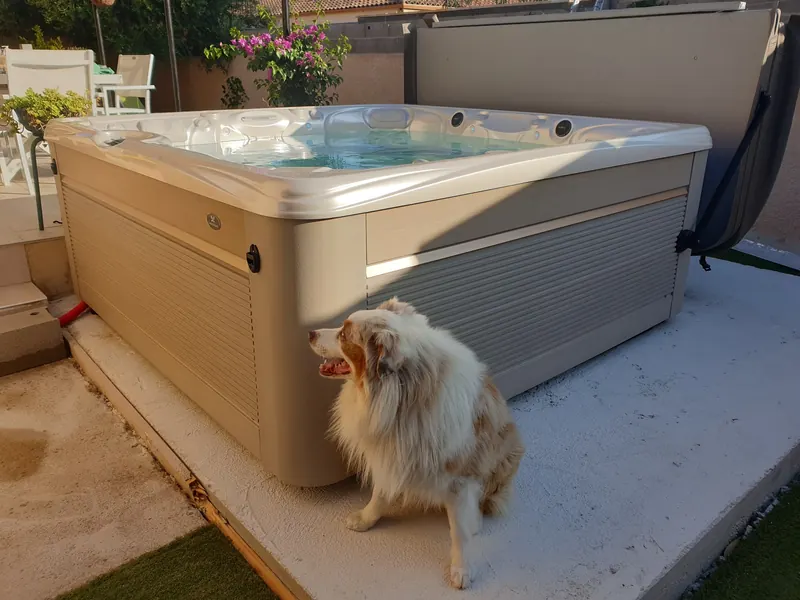 Spa Caldera sur sa dalle béton, couvercle replié sur le lève-couverture, un chien assis au pied, à Gigean