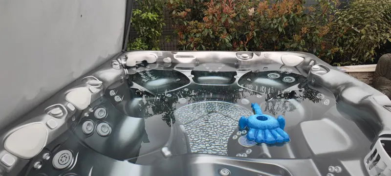 Intérieur du spa vu d'un autre angle, eau claire, haie et statue de Bouddha en pierre