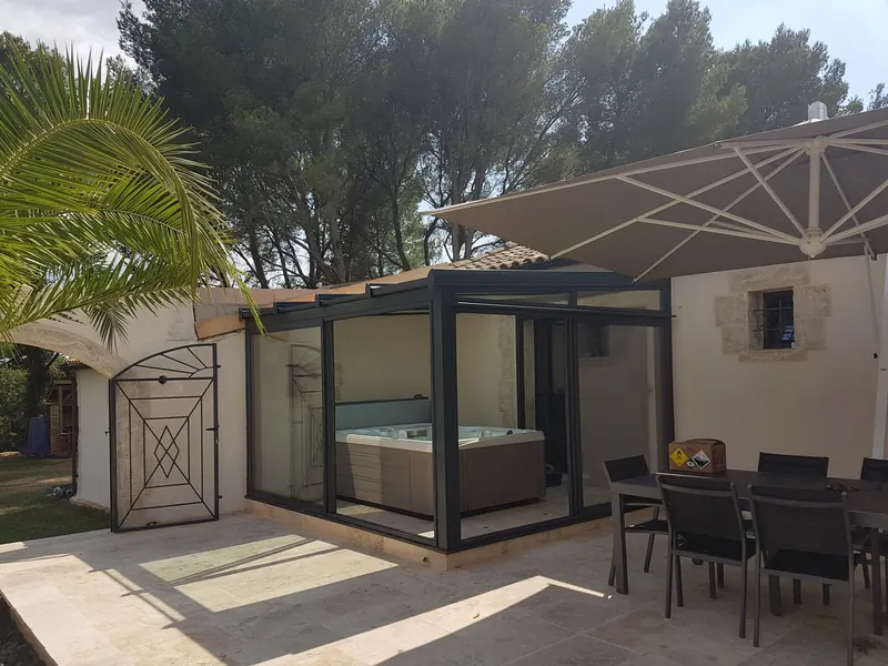 Ensemble du jardin : la véranda et son spa sur la terrasse dallée, entre un palmier et des pins
