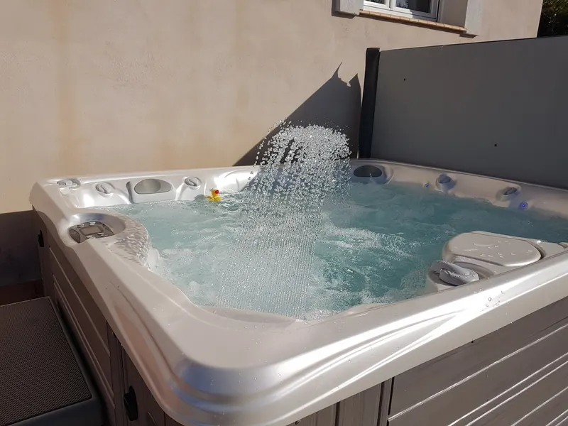 Cuve du spa en eau, jets et fontaine en marche, canard en plastique à la surface