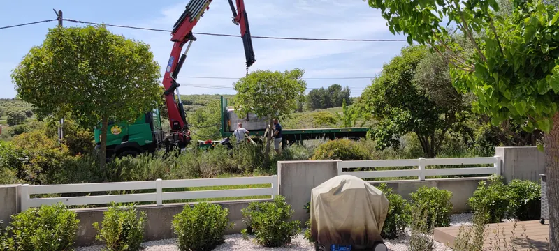 Spa soulevé par la grue dans un jardin privé, avec des murets en béton
