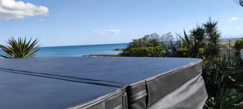 Angle du couvercle sombre du spa, mer au-delà des plantes