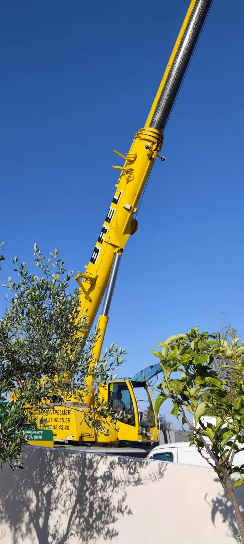 Bras de grue jaune équipé d'un système de levage à cordes