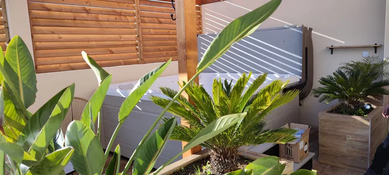 Spa vu à travers le feuillage des plantes en bacs, claustras en bois derrière