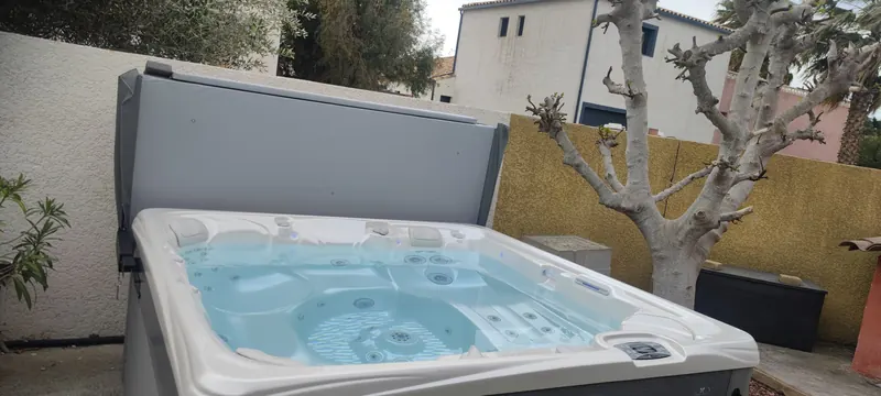 Spa blanc et eau turquoise vus de face, avec un palmier